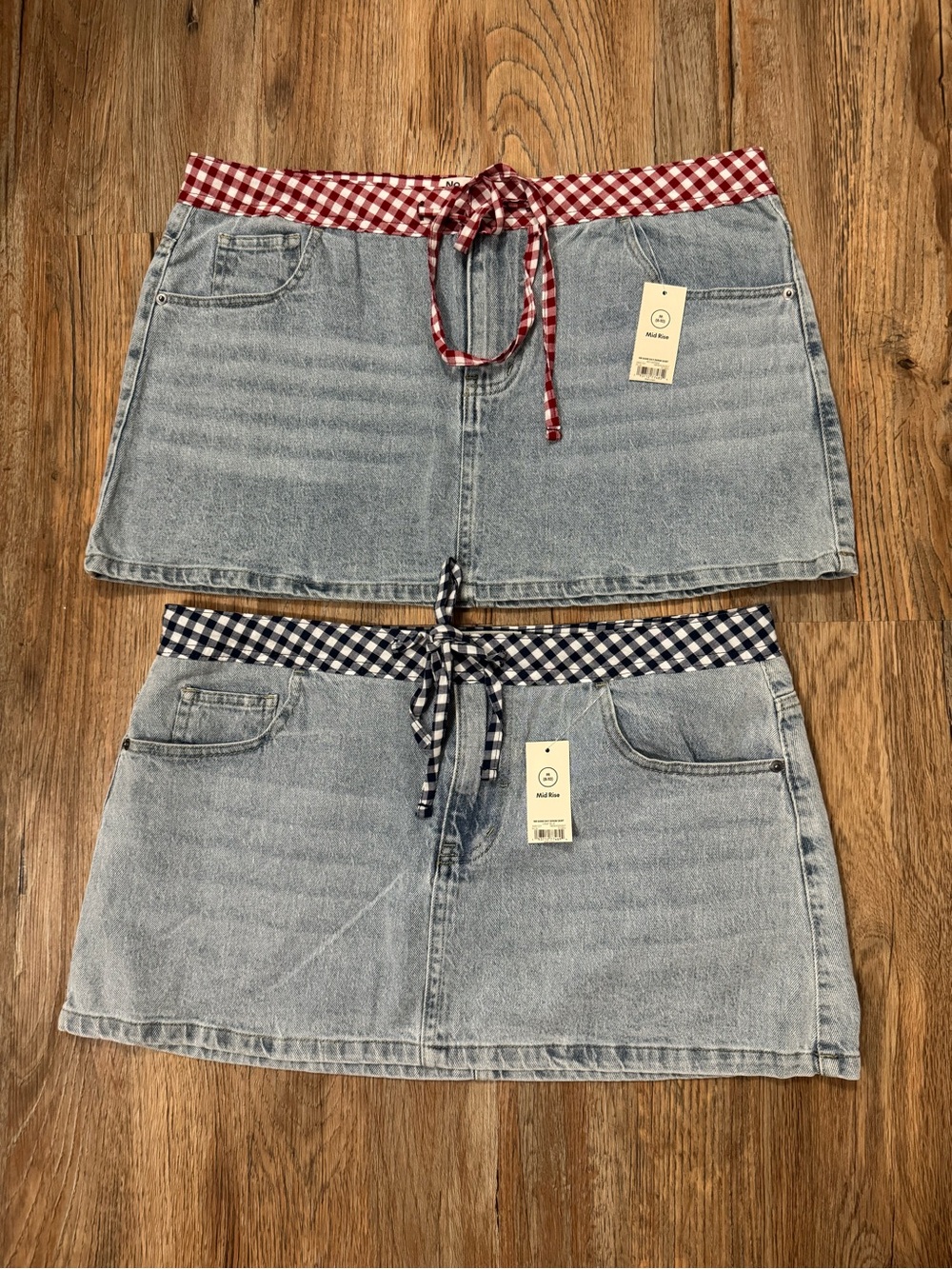 Denim Mini Skirt with Gingham Waist Tie - Red and Navy